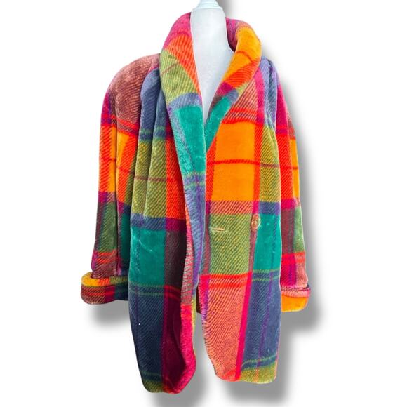 Vintage Donnybrook Rainbow Plaid Faux Fur Coat Colorful Oversized Jacket Large - Picture 4 of 14